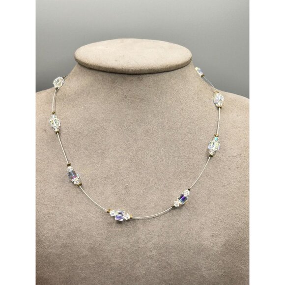 Aurora Borealis Crystal Necklace Spaced Station Delicate Silver 925 Clasp - Picture 7 of 8